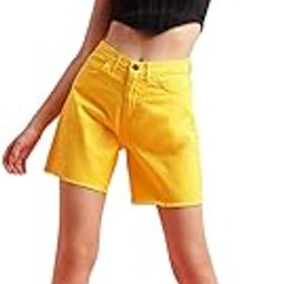 Womens Solid Yellow Denim Shorts | Button Zipper | Mid Rise Above Knee Length Short-image-33