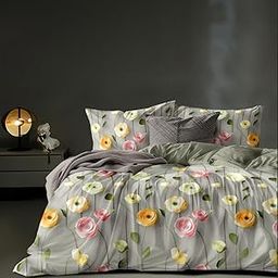 DECOMIZER 300 TC 7D Super Soft Glace Cotton King Size AC Comforter II Blanket II Duvet for Double Bed with 1 Flat Bedsheet and 2 Pillow Cover - 4 Piece Comforter Set - Grey Bale Lotus-image-7