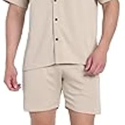 matelco Men's Casual Short Sleeve Shirt and Shorts Co-ord Set, Beige Ribbed Loungewear-picture-34