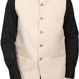 Men's 100% Linen Grandad Collar Festive Cream Nehru Jacket Vest Waistcoat-picture-48