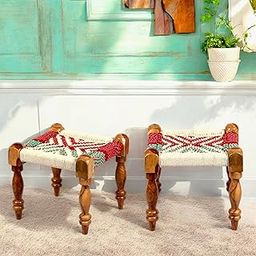 Ikiriya Riaza Sheesham Wood Vintage Square Maachi Set of 2 Stools/Khaatiya/Charpai/Foot Stool in Multi Colour Chindi & White Rope Canning for Living Room | Drawing Room | Bedroom | Hallway|Home-31