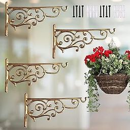 ecofynd 4 Pack Metal Wall Hook Hanging Plant Bracket | Decorative Straight Plant Hanger for Pots, Bird Feeders, Planters, Lanterns, Cotton, Wind Chimes Indoor Outdoor, Gold-74