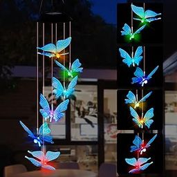 SAND MINE Solar Wind Chimes, Outdoor Solar Butterfly Wind Chimes, Color Changing LED Mobile Wind Chime, Outdoor Waterproof LED Solar Light for Porch Deck Garden Patio Decor, Blue-image-84