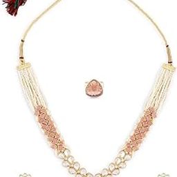 Pink Purple Stones Embellished Kundan Necklace Earring & Ring Set For Women-ZPFK15937-image-58