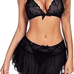 Women's Mini Chemise Baby Doll Lingerie Set Net & Lace Fabric Above Knee Solid Design Nightwear Honeymoon Anniversary, Valentine Gift Dress for Ladies-picture-19