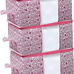 Kuber Industries Leaf Design Non Woven Underbed Storage Organizer|Blanket Cover|Pack of 3 (Pink)-21