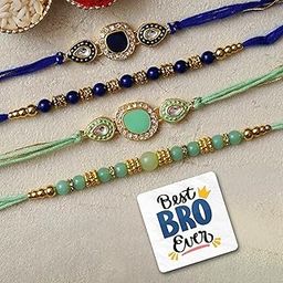 eCraftIndia Set of 4 Multicolor Beads Kundan Designer Rakhis, Best Bro Ever Fridge Magnet with Roli Chawal Pack - Rakhis for Brother, Bhabhi, Kids-52