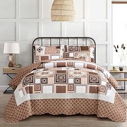 CHIXIN Oversized Bedspread Queen Size - Geometric Pattern Quilt Set - Patchwork & Country Style Bedding Coverlets, Reversible, Lightweight, 3 Piece, Camel/White/Dark Gray-image-8