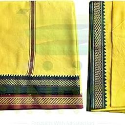 South Indian Pure Cotton Yellow Dhoti/Mundu/Lungi (4.5 Meter Approx.) with Parna/Gamcha/Angvastram (2.00Meter Approx.) (Fancy Red&Green Thalapathy Border)– Traditional Ethnic Wear Combo for Men-31