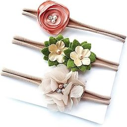 SYGA 3 Pcs Baby Headband Nylon Flower Stretchable HairBand for Newborn Infant Toddlers Kids 0-3 Year (Khaki, Free Size)-image-1