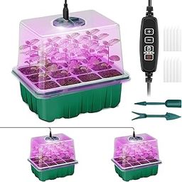 Qoolife Seed Starter Tray with Plant Light, 2 Pack Grow Lights for Seed Starting Kit with Humidity Domes, Timing Controller Adjustable Brightness for Greenhouse Propagator Station Planting Growing-48