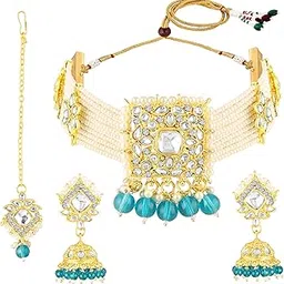 mahi Traditional Kundan Choker Necklace Set with Earrings & Maang Tikka Jewellery Set for Women | Ethnic Wedding (NL1108149GBlu)-picture-0
