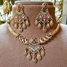 Traditional Kundan Necklace Set for Women & Girls, Antique Gold Plated Jewelry with Red Stone & Pearl, Designer Ethnic Necklace with Earrings-19