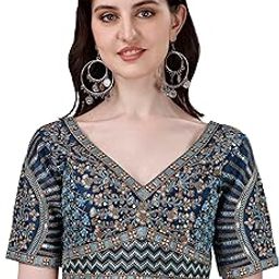 Mills Women's Fancy Readymade Heavy Coding Embroidary Worked Half Sleeve Multicolor Saree Blouse(Mushroom)-image-62
