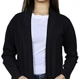Women Cotton Shawl Collar Pocket Shrug (Small, Black)-33