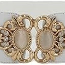 Women Cinch Belt, PU Leather Stretchy Waist Belt with Pearl Studded Metal Buckle, Retro Style - White-image-78