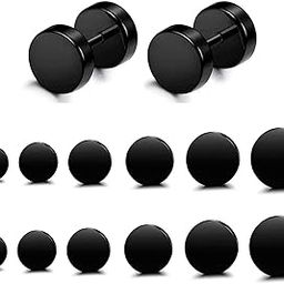 6 Pairs Stainless Steel Black Stud Earrings for Men Women Faux Gauges Ear Tunnel Fake Gauge Earrings 3-8mm, Stainless Steel-image-26