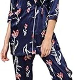 Women Printed Collar Neck 3/4th Sleeve Satin Robe, Slip & Pyjama Set-image-25