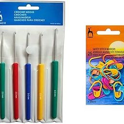 PONY Knitting Crochet Hooks Needle Set of 5, Ergonomic Knitting Needle Set with Crochet Locking Stitch Markers(25 Pcs), Soft Grip Handles Hooks 2.0mm-4.0mm Length 14cm-6