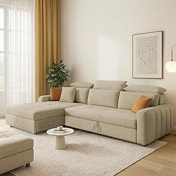 GRAPEWOOD Amber LHS 4 Seater L Shape Sofa Cum Bed for Living Room (Cream Fabric) Premium Fabric Sofa Set-image-95