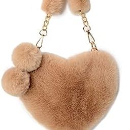 Heart Shaped Faux Fur Handbag for Women Soft Furry Fluffy Small Shoulder Bag Clutch Purse with Pom Poms Khaki-image-28