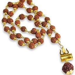 Gold Plated Shiva Damroo Trishool Rudraksha Necklace | ISO Certified | Brown 36 Beads | Rudraksha Spiritual Jewelry for Men | Trishul Damru Pendant | 15 Inches-image-52