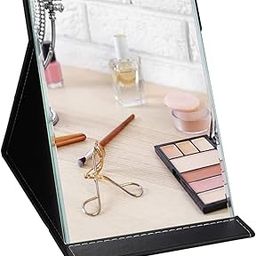 KRESHU Portable Folding Travel Make-up Mirror PU-Leather Table-Top Cosmetics Mirrors Adjustable HD Mirror Display Vanity Rectangular Handheld Makeup, Shaving, Desktop Mirrors (8Inch, Black)-image-45