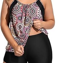 Women Plus Size Two Piece Tankini Set Swimsuits Tummy Control Bathing Suits Push Up Tankini Top with Boy Shorts-image-36