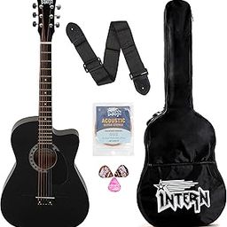 Intern INT-38C-BK-G Cutaway Right Handed Acoustic Guitar Kit, with Bag, Nickel Strings, Pick And Strap (Black) -6 Strings-26