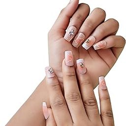 CherryBox 24 Pieces of Artificail Nails Set Pink Colour with Diamond Studs 3D Butterfly and Heart Print for Weddings Parties Office Home Travel-picture-17