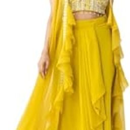 BA Women's Stylish 3 Piece Western Outfit for Women Wedding Wear Yellow Embellished Cape Set with Pleated Skirt-image-82