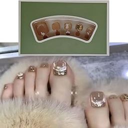 S.A.V.I 24 PCs Nude Cat's Eye Toe Nails Set - Short Natural Square Shape | Big Crystal Glitter Finish | Reusable False Toe Nails for Women | Party, Wedding DIY Kit-44