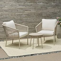 Outdoor Patio Seating Set | 2 Braided Rope Chairs with Cushions and 1 Round Table | Outdoor Garden Balcony Furniture Set | Beige Wicker Style Chairs for Lounge, Terrace, Cafe (Beige)-image-97