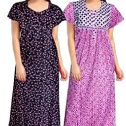 Permium Combo Cotton Long Half Sleeve Printed Nighty for Women-DarkBlue-Red-image-68