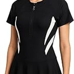 ELEG & STILANCE Women's Poly Jersey Frock Style Bodycon Swimming Costume Shorts with Attached Pad Half Sleeves with Front Zipper Closure. Pack of 1-image-3