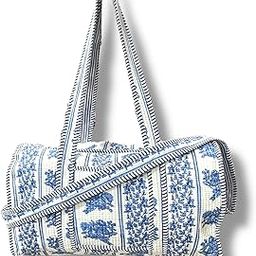Handblock Quilted Cotton Duffle Bag with Sling Strap – Boho Travel, Gym, Multipurpose Use 18x18 (Blue White)-image-28