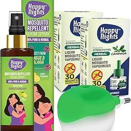 Happy Nights Herbal Mosquito Repellent Room Spray & Liquid Vaporizer Refill with Machine Combo Mosquito Protection Safe for Baby (100ml Lemon Fragrance Spray | 2 x 45ml Camphor Refill & Machine)-image-93