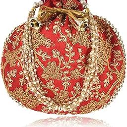 Traditional Embroidered Potli Bag For Women, Handmade Pure Silk Potli Handbag Wristlets Ethnic Bridal Potli Batwa Bag For Ladies For Wedding, Return Gifts (Red)-image-42