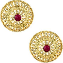 Traditional Temple 1 One Gram Gold Studs Ethnic 18k Brass South Indian Meenakari Screw Back Round Ruby Pink Stone Stud Earrings Combo Set Pack For Women girls Latest -GOLD EAR RINGS STUD-M126-0