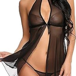 Women's Polyamide Spandex Solid Above The Knee Babydoll Nightwear Lingerie-image-4