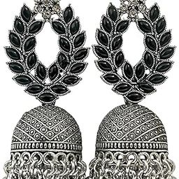 Vintage Style Oxidized Silver Jhumka Earrings with Black Stones, Crystal Flower Top, Leaf Design-17