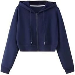 2 Pc Collection Women's Casual Wear Solid Crop Zipper Jacket Hooded Neck Full Sleeves Fleece Regular Fit Hoodie (Large, Navy Blue)-image-74