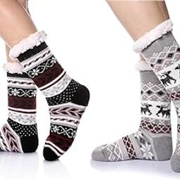 2 Pair Winter Socks for Women, Woolen Socks for Womens Slipper Sock, Fluffy Fur Lining Thick Knit Thermal Warm Cozy Indoor Sock, Christmas Soft Snowflake Sock for Girls & Ladies(Random Design)-image-29