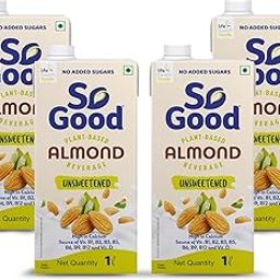 So Good Plant Based Almond Beverage Unsweetened 4 L (4X 1000 ml)| Lactose Free | No Added Sugar |Gluten Free | No Preservatives | Zero Cholesterol | Dairy Free| Source of Calcium & Vitamins-12