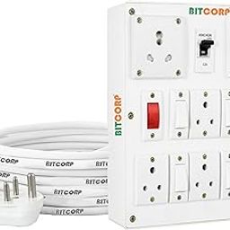 Bitcorp Electric Extension Board with MCB 6 Socket 5 Switch, 6A 16A 3500W Surge Protected Power Strip 3 Meter Cord for Office, Home, Fridge, Cooler, Gadgets, AC, EV Charging (White) 220V-6
