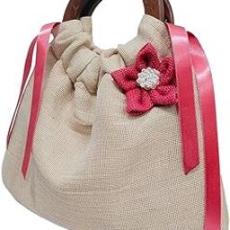 Potli bags with Satin Pink Ribbon & Pink Jute Flower Wooden handle hanging Solid Plain Jute hand carry bags for women-38