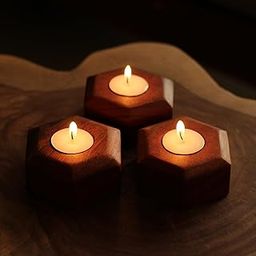 Wood Chop Acacia Wood Tea Light Candle Holders -Set of 3 3.2"x3.2"x1.5" with Candles-image-53