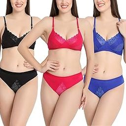 Soft Net Non Padded Bra & Panty Set for Women Lingerie Set Multi Combo Pack of 3-picture-8