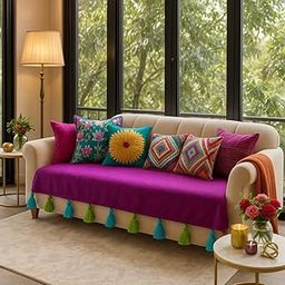 Purple Tassel Sofa Throw for L Shaped Sofa:l Shape 7 Seater Fully Covered-Anti Slip l Sofa Throw-L Shape Sectional 3 Seater+Lounger+Ottoman|7 Seater Sofa Cover Set of 3 Pc-2 Seat & Back Cover-image-11