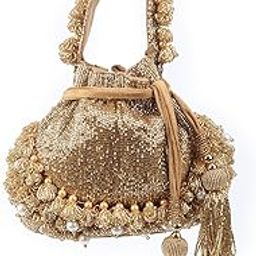Women Golden Velvet with Cutdana and Beads Work Potli-19